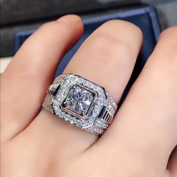 💝 Fever Square Glitter Zircon Silver Chunky Wedding Rings for Man, PD663